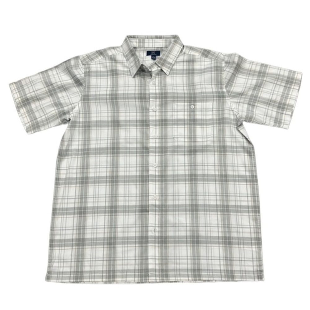 Men’s Short Sleeve Button Down Plaid Gray White Shirt Large Causal Classic Fit